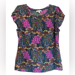 Skies Are Blue M Teal Floral Blouse Petal Sleeves